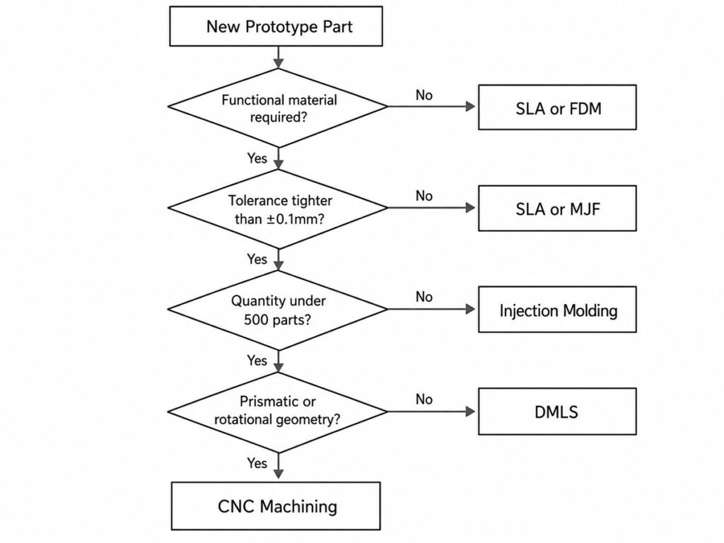 CNC prototype process selection flowchart tolerance quantity material
