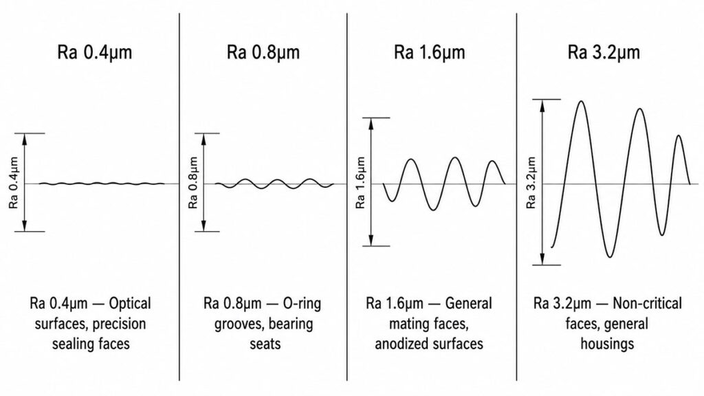 CNC machining surface finish Ra values 0.8 1.6 3.2 comparison