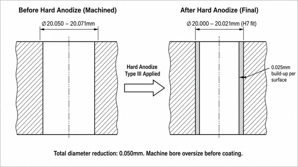hard anodize coating build-up effect on bore tolerance CNC prototype