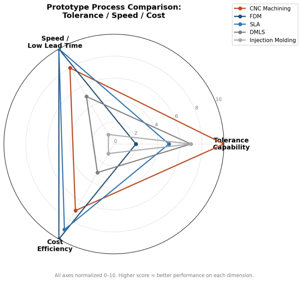 prototype process comparison CNC 3D printing cost tolerance lead time