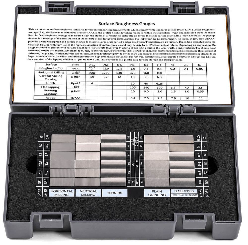 Surface roughness comparator set with labeled Ra process samples