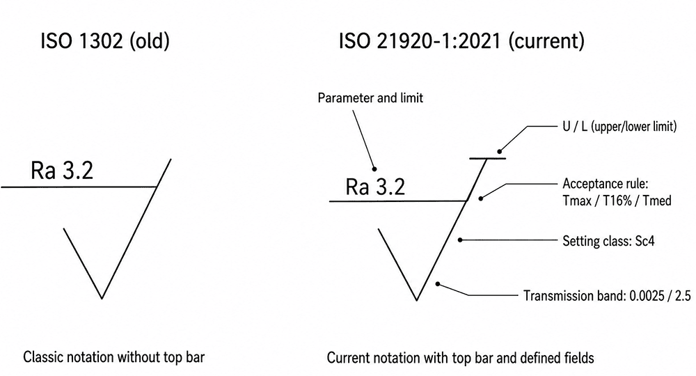 ISO 1302 versus ISO 21920 surface finish symbol fields