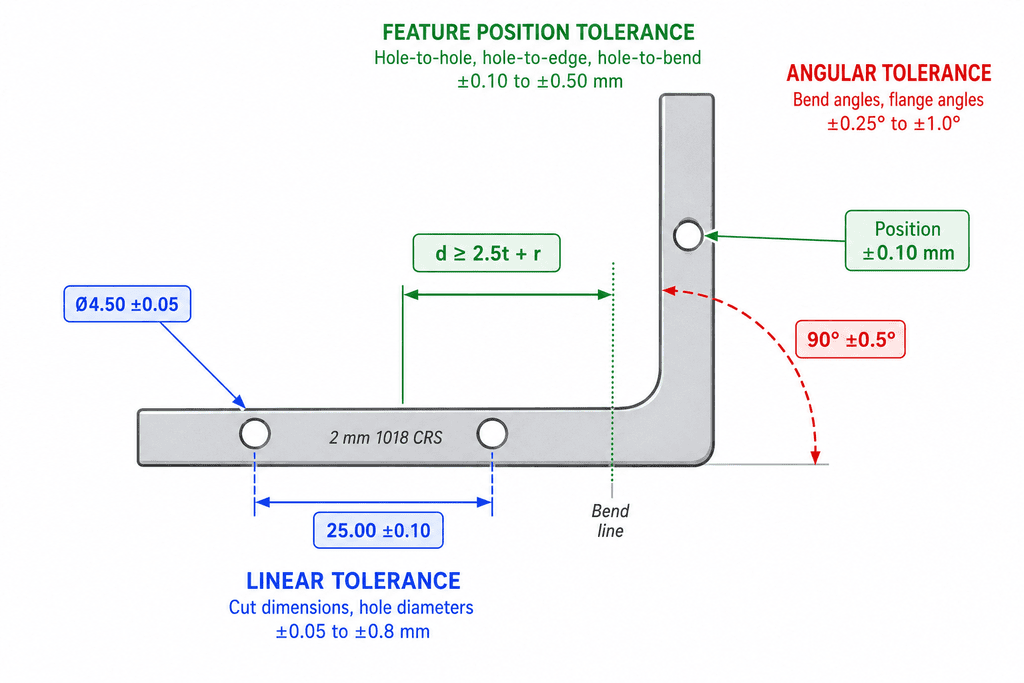 1 sheet-metal-tolerance-categories-bracket Sheet metal bracket with linear angular and position tolerance callouts