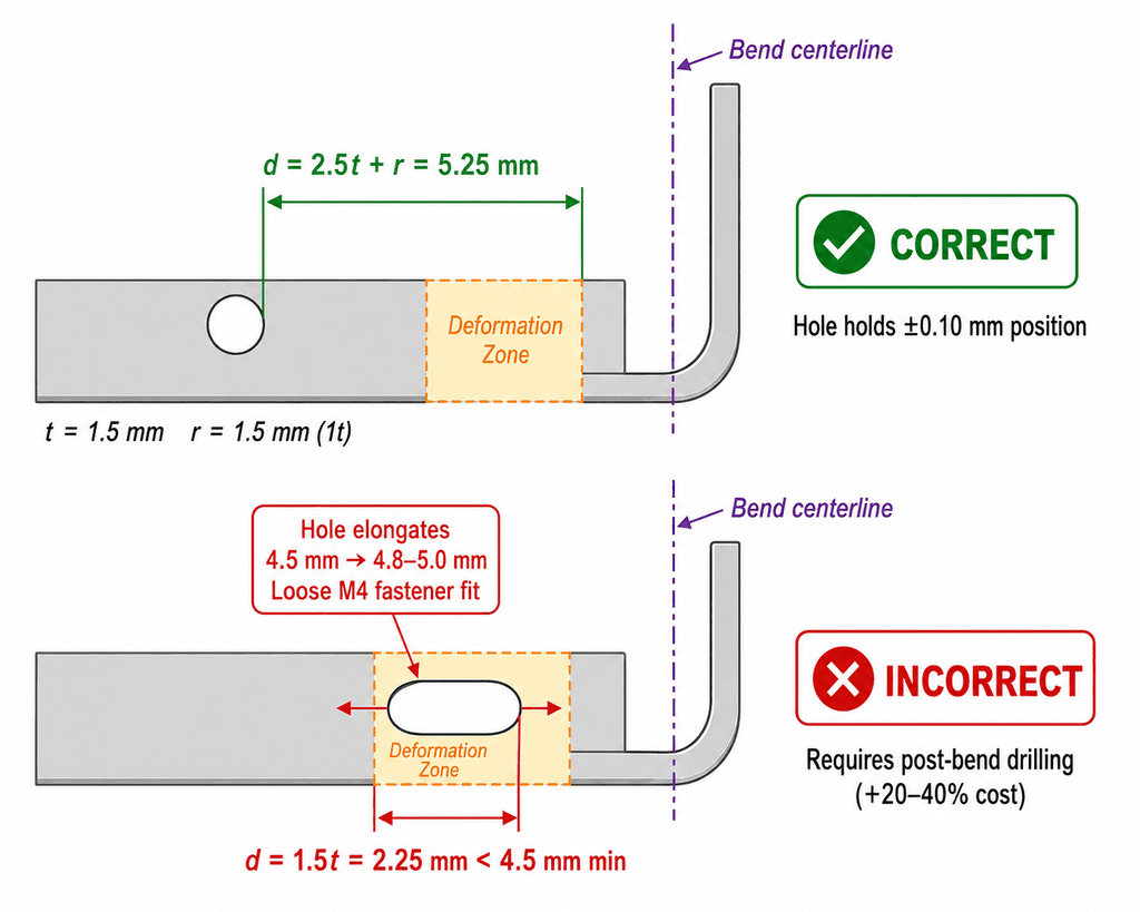 3 hole-to-bend-distance-deformation-zone Hole to bend distance rule showing deformation zone and minimum spacing