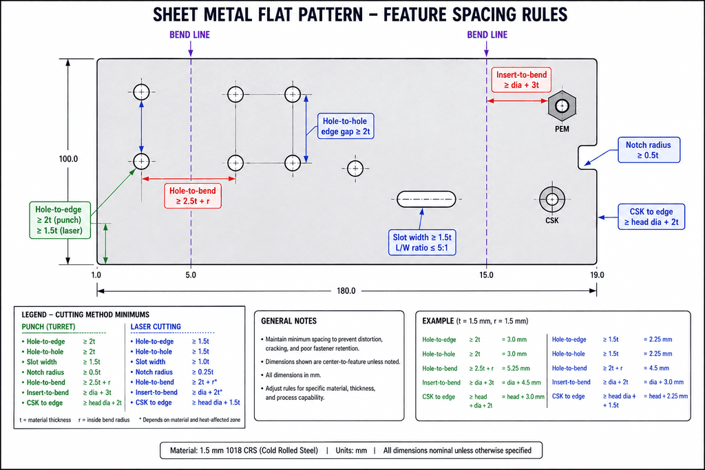 4 feature-spacing-rules-annotated-flat-pattern Sheet metal flat pattern with feature spacing rules annotated