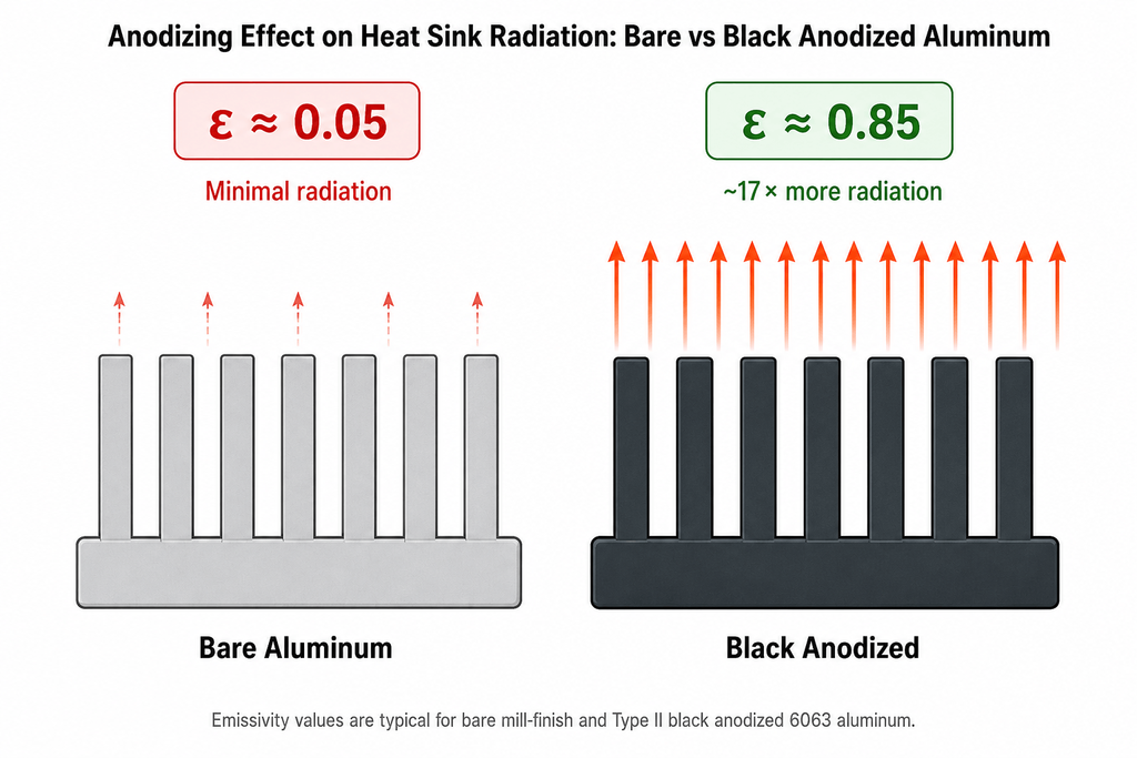 Emissivity of bare versus black anodized aluminum surface