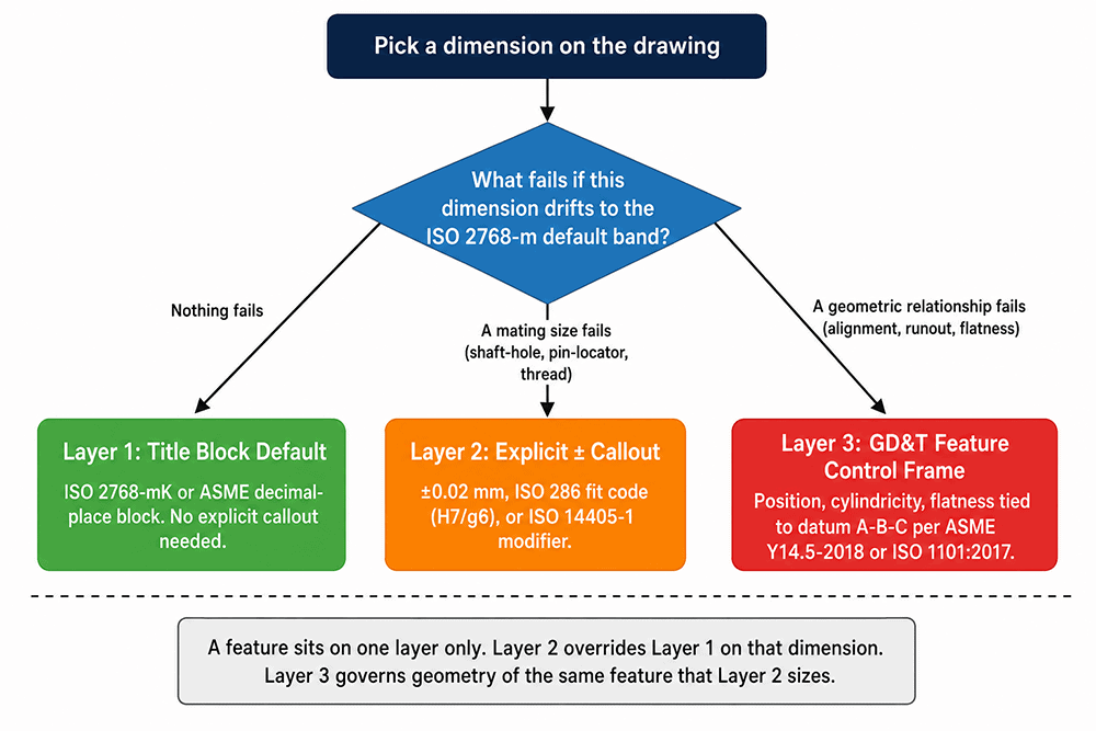 Three-layer tolerance ladder decision flowchart for CNC drawings