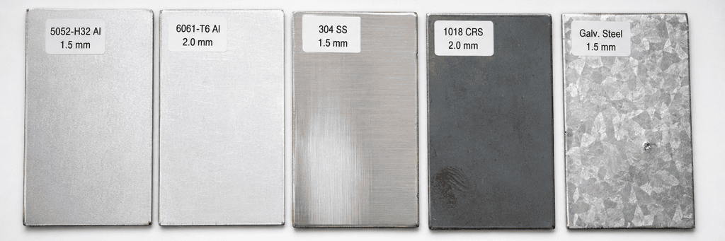 Five sheet metal alloys with grade and thickness labels