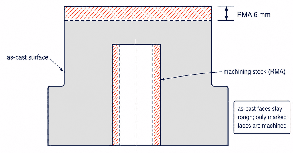 Cross-section diagram of a cast iron part showing as-cast surfaces versus machined faces with required machining allowance RMA per ISO 8062-3