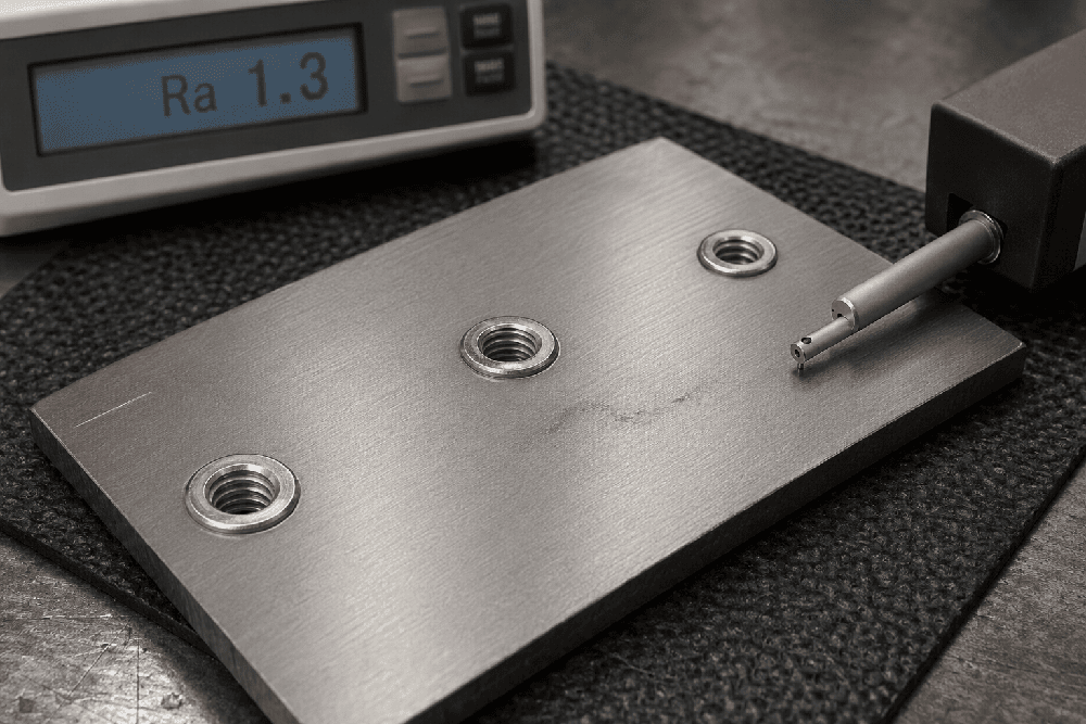 Datum face Ra 1.3 micron milled finish SPHC steel rivet nut installation close-up