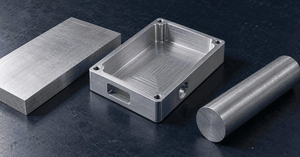 CNC machined aluminum enclosure beside plate and bar stock used for material selection