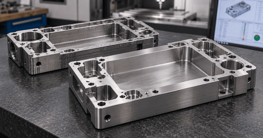 Steel CNC part shown before stress relief, in a heat treatment furnace, and during final CMM inspection.