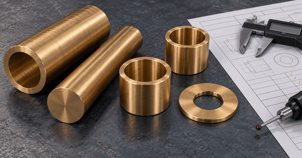 Bronze bar and tube stock beside CNC machined bearing bushings and an inspection report for machined bronze parts.