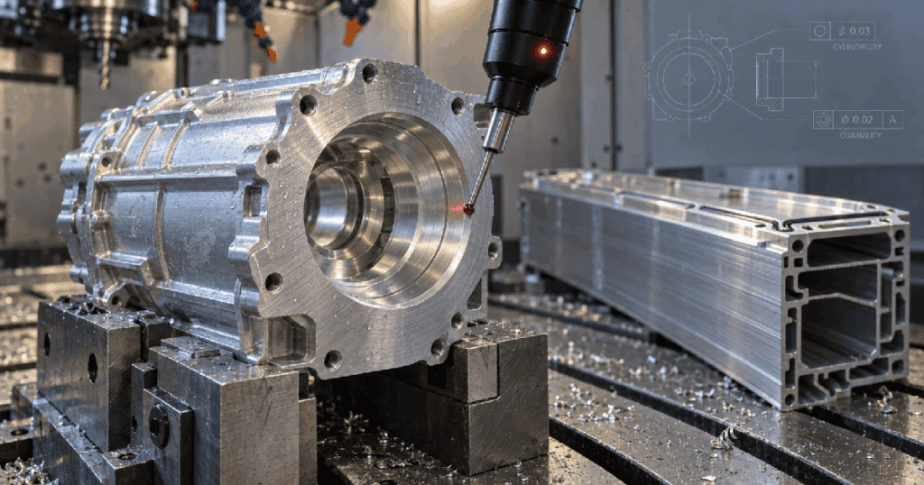 CNC machined EV drive motor housing and 6061-T6 extruded battery enclosure section on a CNC machining center bed with a CMM probe inspecting the bearing bore at EPOC CRAFTER