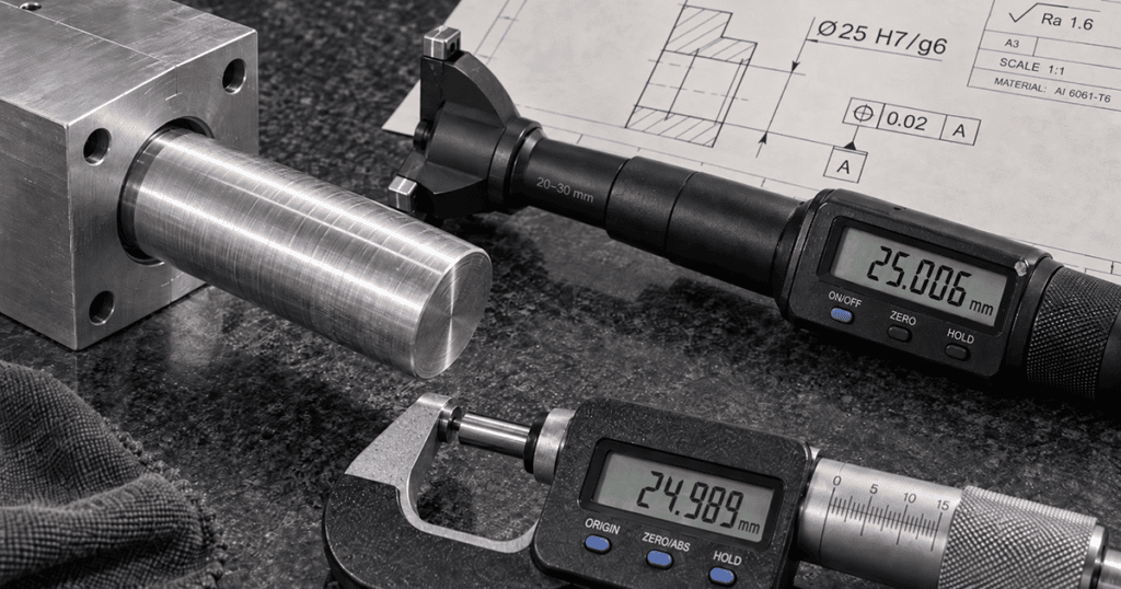 Ø25 H7/g6 machined shaft and hole with three-point bore gauge and external micrometer on EPOC CRAFTER inspection bench, cover image for types of fits in engineering guide