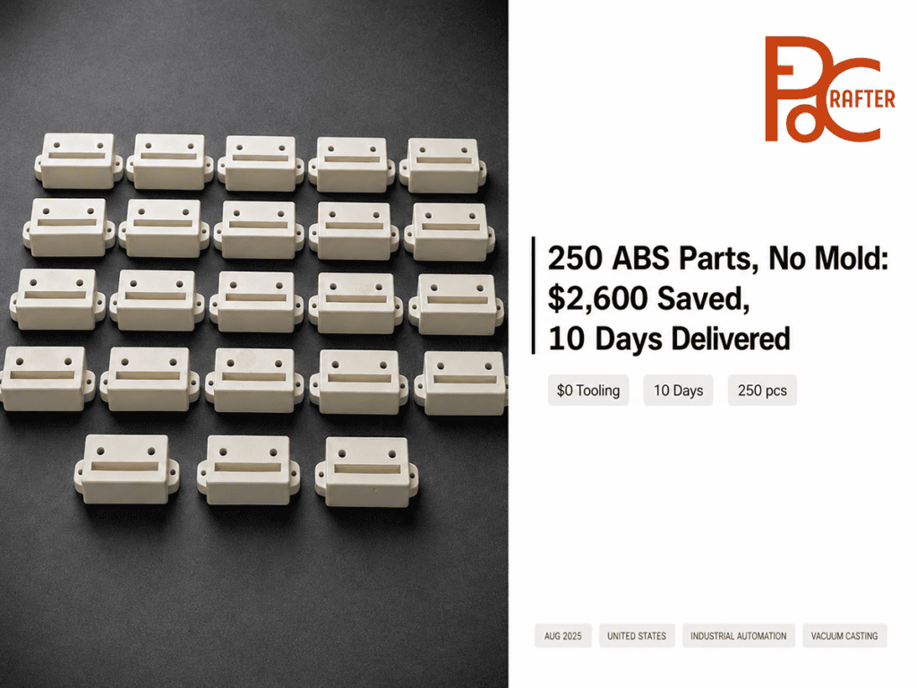 Batch of 23 vacuum cast ABS structural fittings arranged in rows on dark surface with EPOC CRAFTER case study callout.