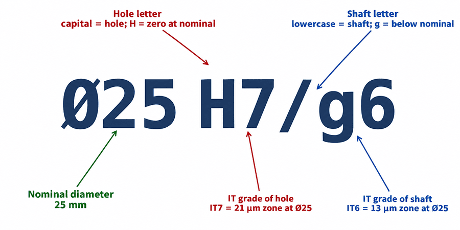 Anatomy of a Ø25 H7/g6 fit code showing nominal size in millimetres, hole tolerance zone, and shaft tolerance zone
