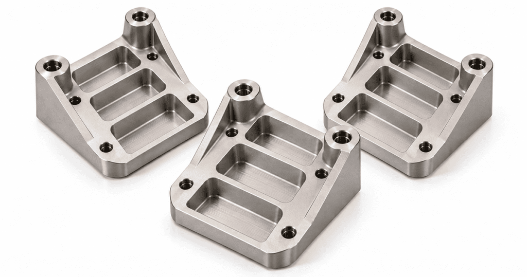 Finished Ti-6Al-4V avionics brackets on a Haas VF-4SS after CNC machining and bead-blasting, shown next to their ASTM B348 material test report and CMM inspection sheet