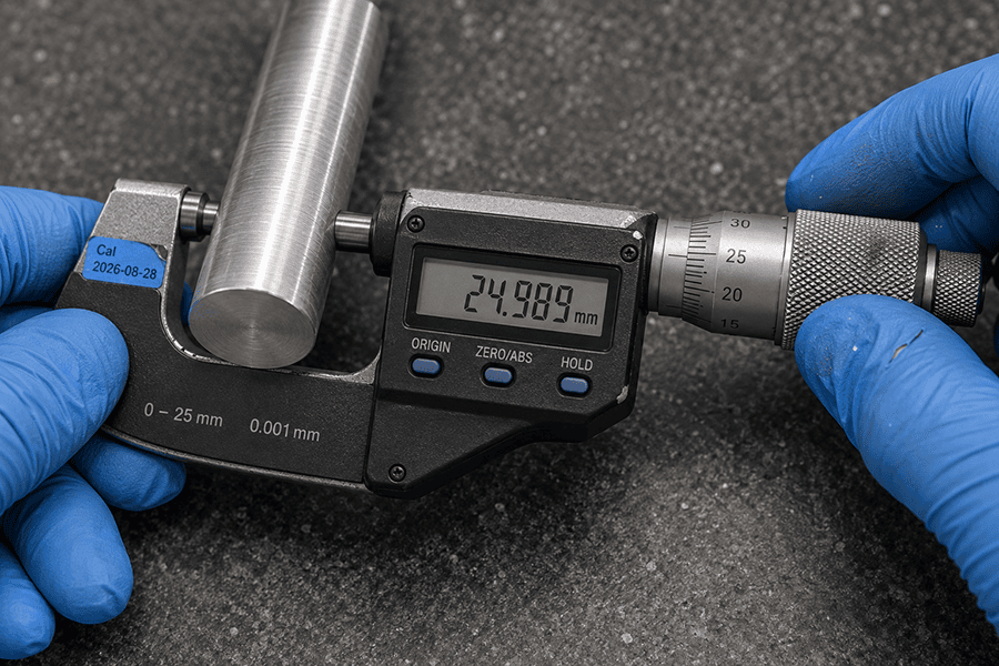 EPOC CRAFTER technician measuring a Ø25 machined shaft diameter with an external micrometer during shop-floor inspection