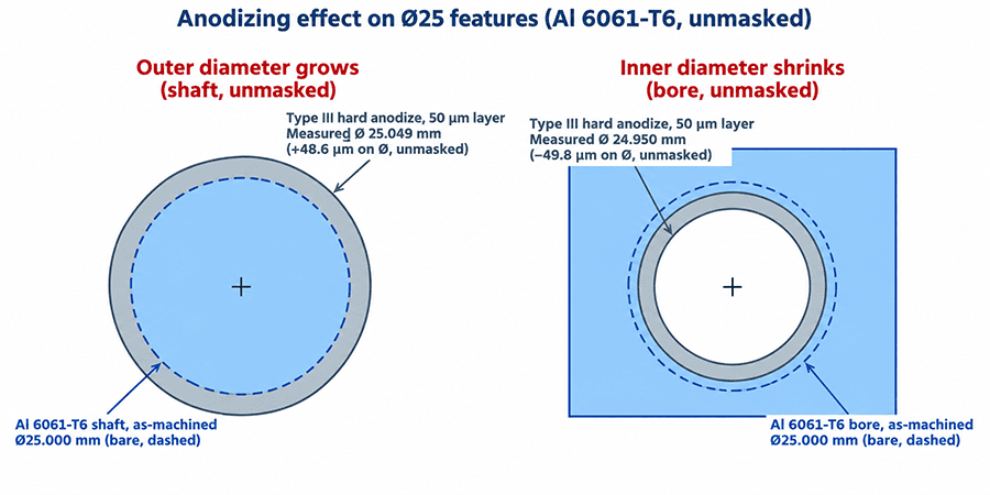 Anodizing layer thickness effect on effective diameter, showing outer diameters grow and inner diameters shrink