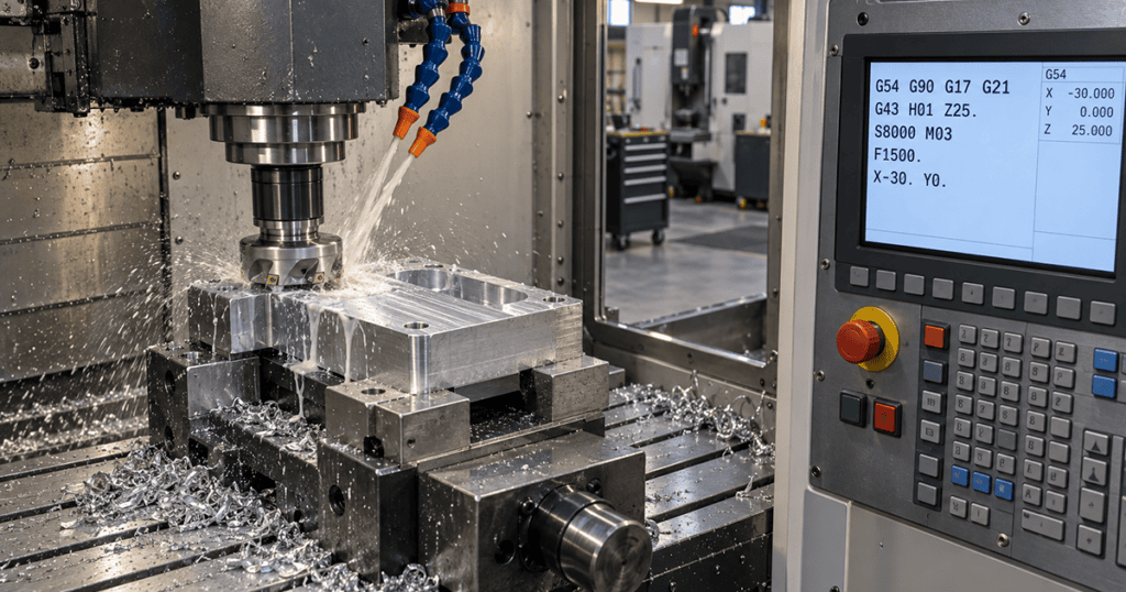 CNC vertical machining center running an NC program with G54 work offset and G43 tool length compensation active on the controller display for G-code and M-code CNC machining