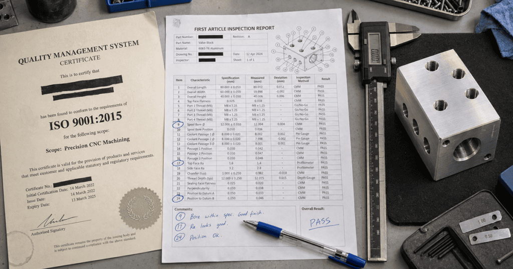 Purchasing engineer reviewing an ISO 9001:2015 certificate, a First Article Inspection report, and a machined aluminum precision part during a CNC supplier evaluation