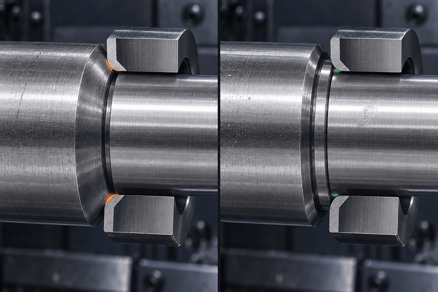 Photorealistic split comparison showing bearing inner-ring interference with an uncontrolled shaft corner radius and correct axial seating with a specified shoulder relief groove.