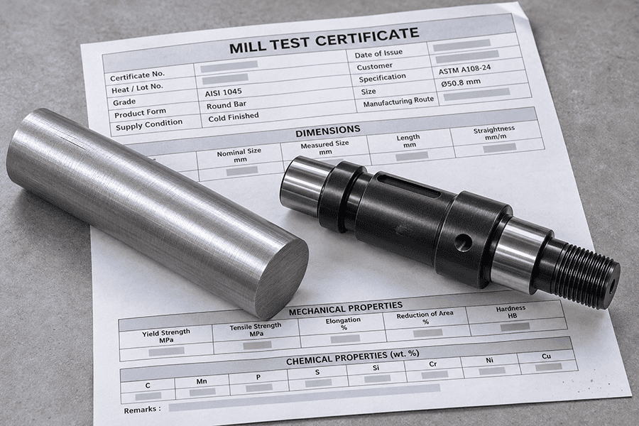 AISI 1045 cold-finished bar beside a black-oxide CNC shaft and masked material certificate.