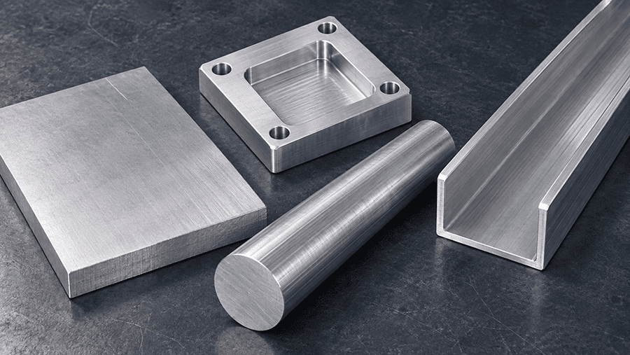 Aluminum plate, round bar and U-shaped extrusion beside a CNC-milled aluminum part with a pocket and four mounting holes.