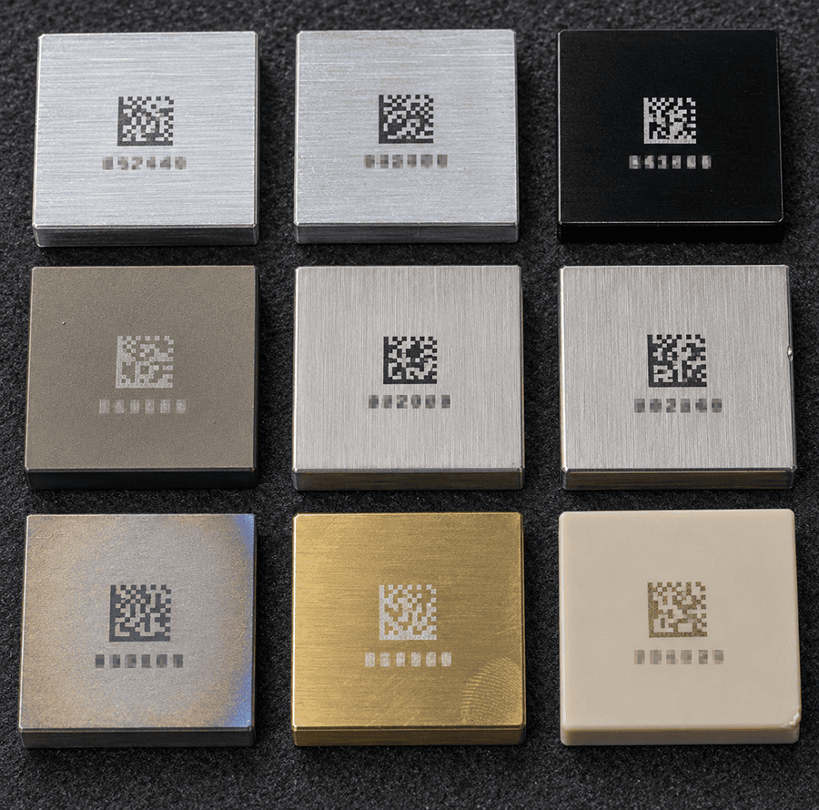 EPOC CRAFTER laser marked material samples 6061 anodized aluminum 316L stainless titanium PEEK brass