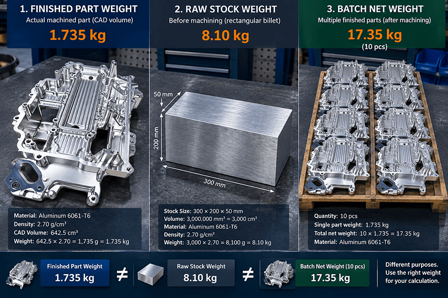 Finished CNC part, raw stock billet, and batch shipment shown as three different weight calculations