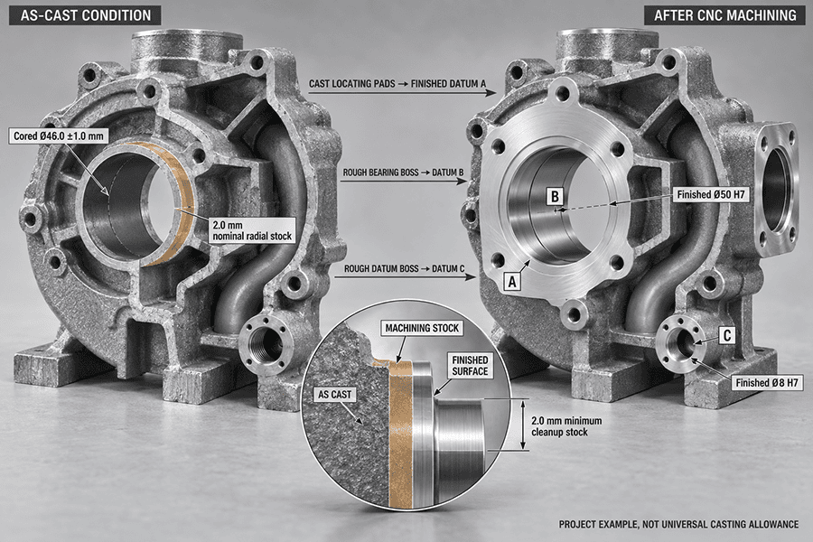 Metal casting machining allowance and datum transfer from cast locating pads to CNC finished datums A B and C