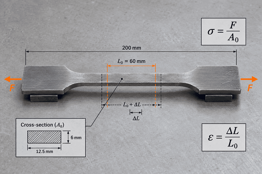 Stress vs strain on a metal tensile specimen using original area and gauge length