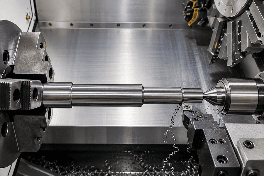 AISI 1045 shaft supported by a tailstock during CNC finish turning for journal size and runout control.