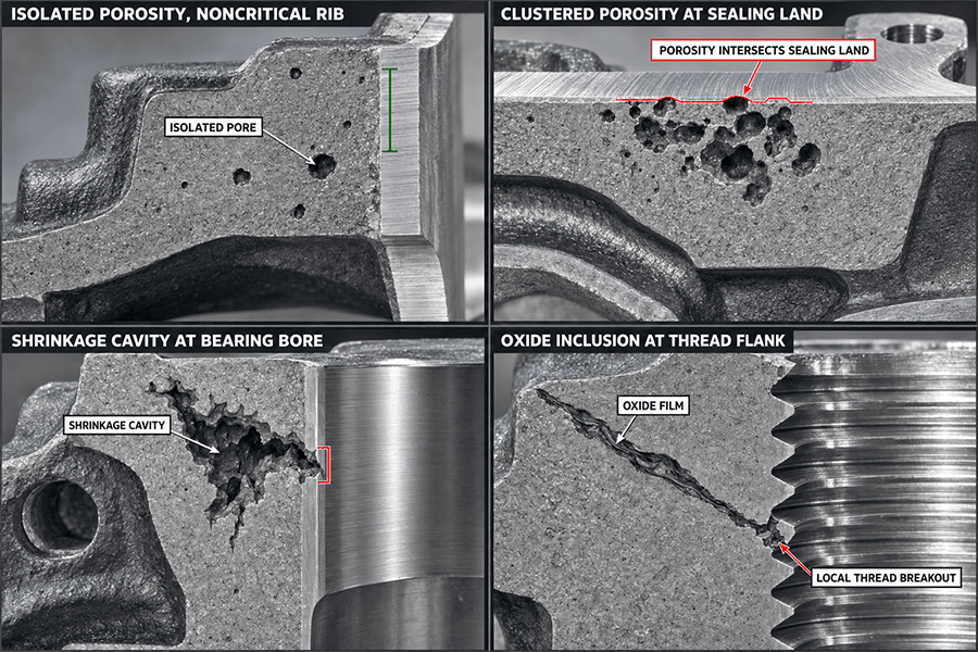 Metal casting porosity shrinkage and oxide inclusion exposed after CNC machining of critical features