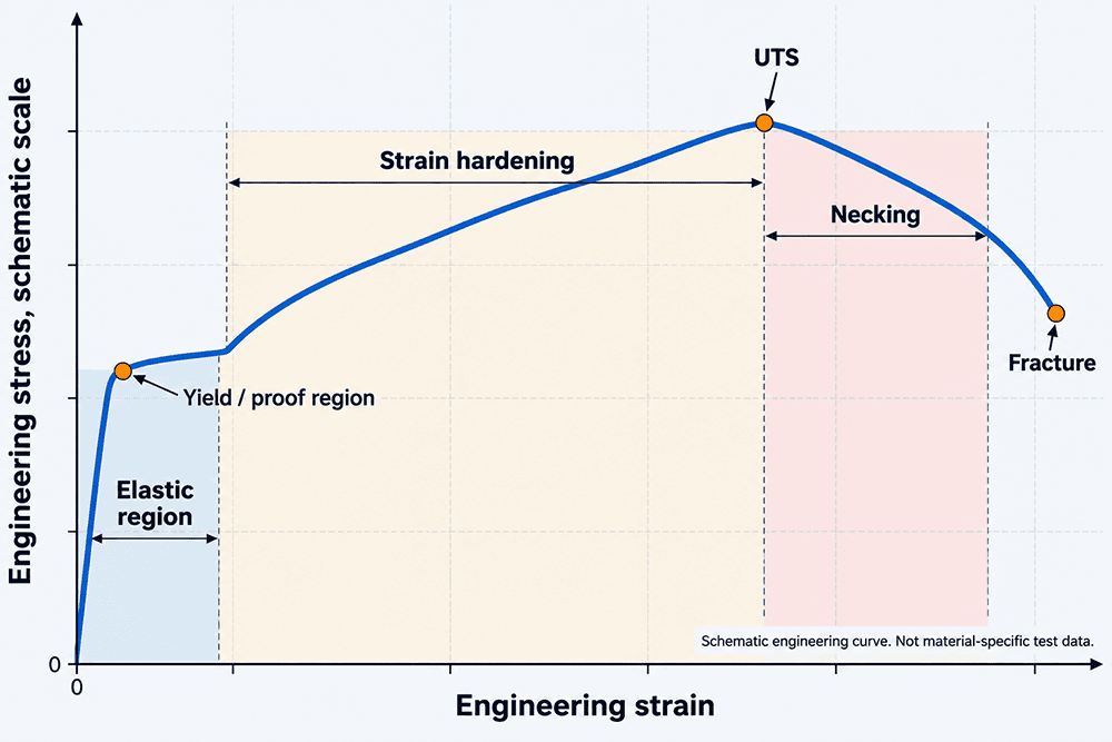 Engineering stress strain curve with elastic region, proof strength, UTS, necking and fracture