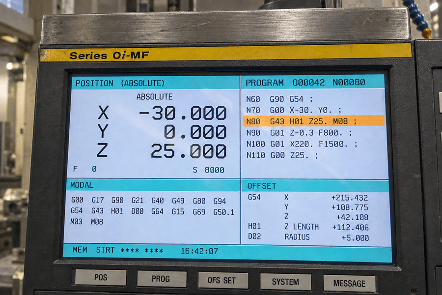 Haas Next Generation Control pendant showing G54 work offset and G43 H01 tool length compensation active in the modal state block on a running CNC machining program