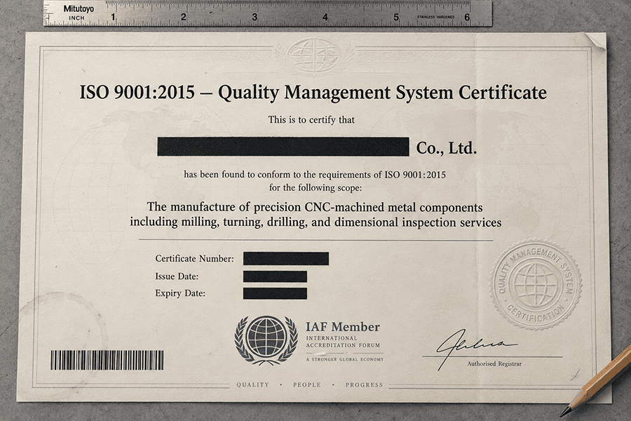 EPOC CRAFTER ISO 9001:2015 certificate No. 19826Q01185R001 issued by an IAF Member registrar with CNAS C178-M accreditation, CNC machining in scope, valid through May 2026