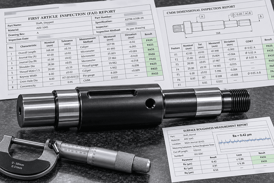 Masked FAI and CMM results for an AISI 1045 CNC shaft with journal, hole position, and roughness checks.