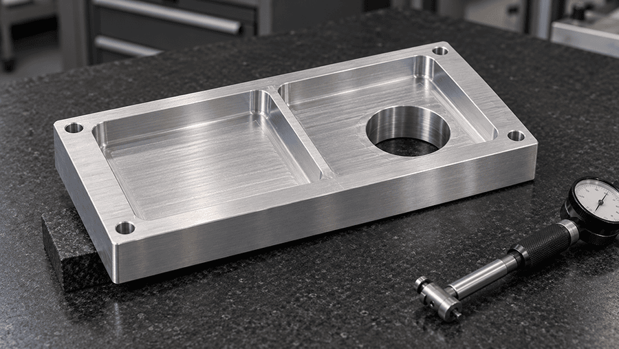 CNC-milled aluminum plate with two pockets, a bore and mounting holes on a granite inspection surface beside a dial indicator.