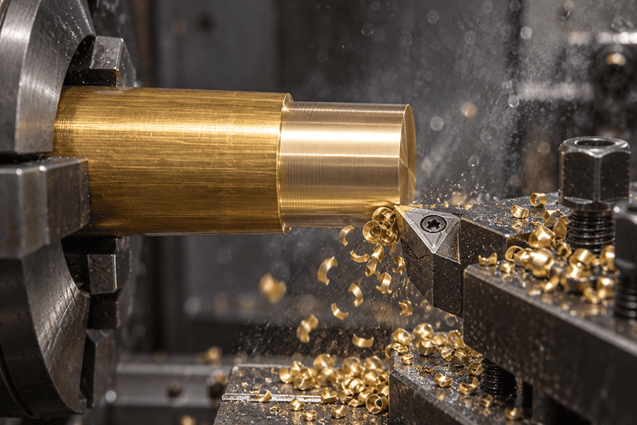Brass turning on a CNC lathe showing short chip formation from C360 free-cutting brass