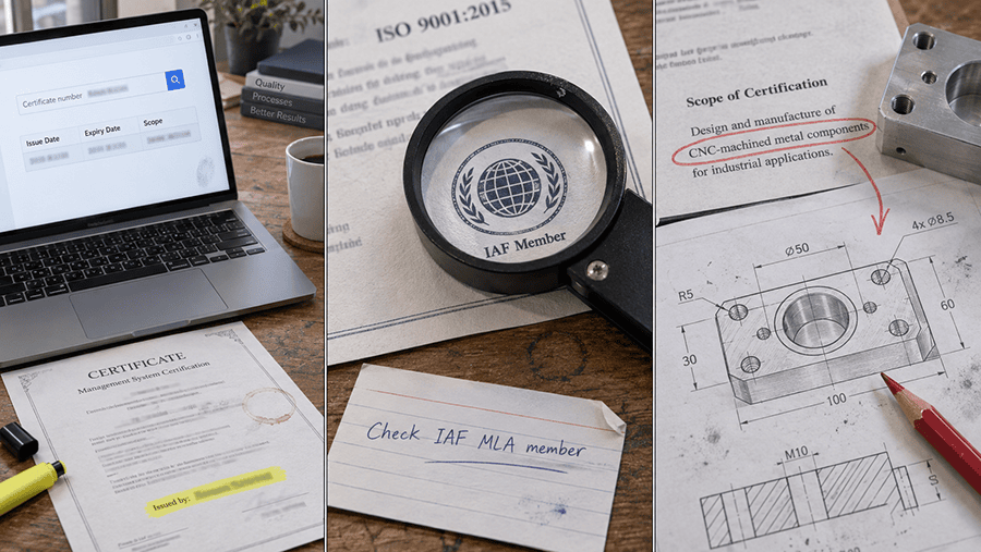 ISO 9001 certificate authentication check for a CNC supplier evaluation showing registrar public database lookup, accreditation mark verification, and scope line cross-reference against the parts scope