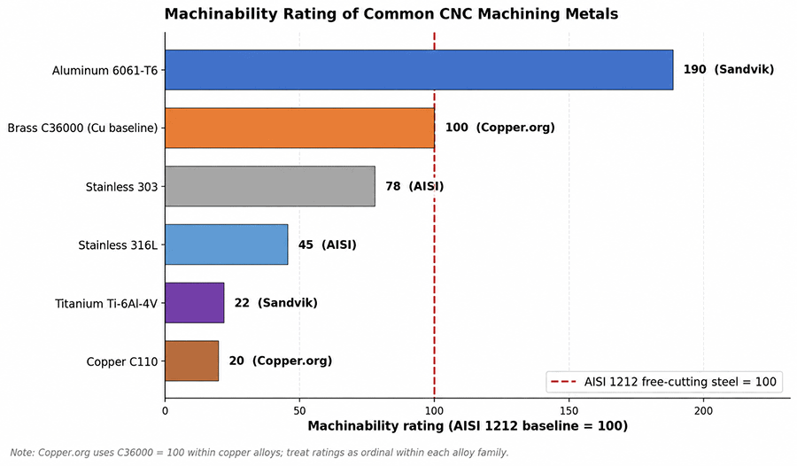 Machinability rating bar chart with AISI 1212 baseline at 100 percent showing aluminum 6061-T6 at 190, brass C36000 at 100, stainless 303 at 78, stainless 316L at 45, copper C110 at 20, and titanium Ti-6Al-4V at 22