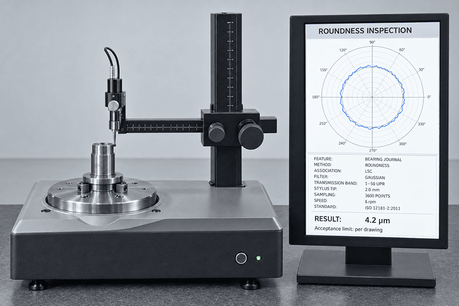 Unbranded roundness tester measuring a vertical CNC-turned bearing journal with a ruby stylus while the monitor displays a polar trace and ISO 12181-2:2011 evaluation conditions.
