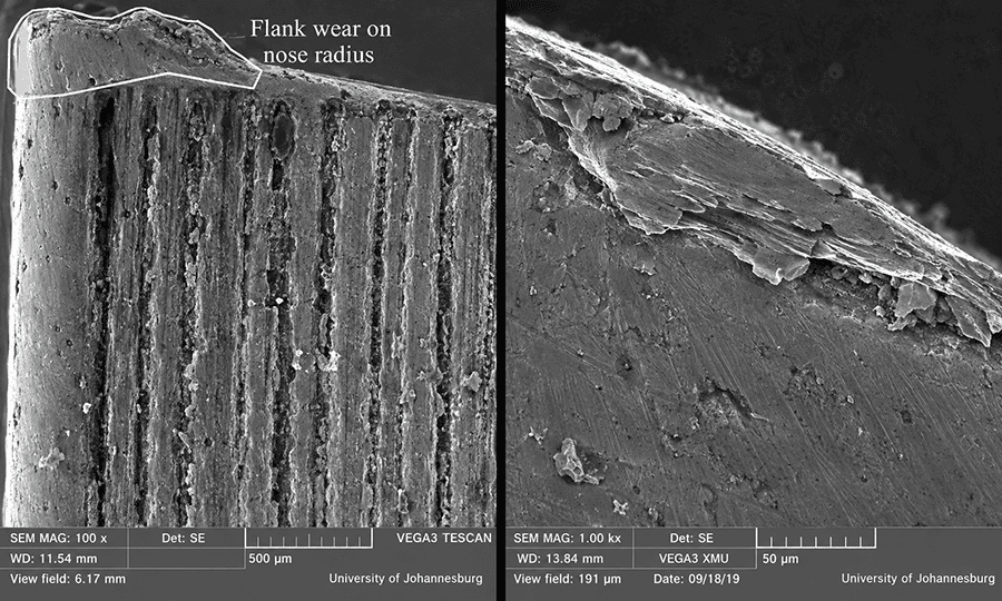 Microscope view of carbide tool wear after machining W-Ni-Fe tungsten heavy alloy.