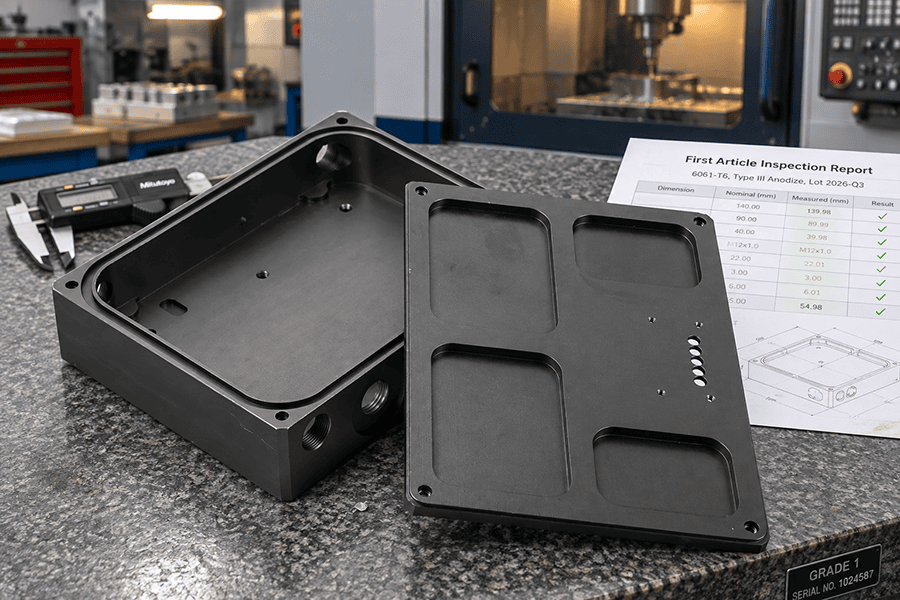 6061-T6 aluminum instrument enclosure with Type III hard anodize finish shown next to first-article CMM report on EPOC CRAFTER inspection table