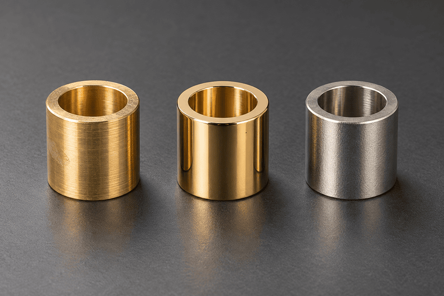 Brass parts with as-machined, polished, and nickel-plated surface finishes side by side