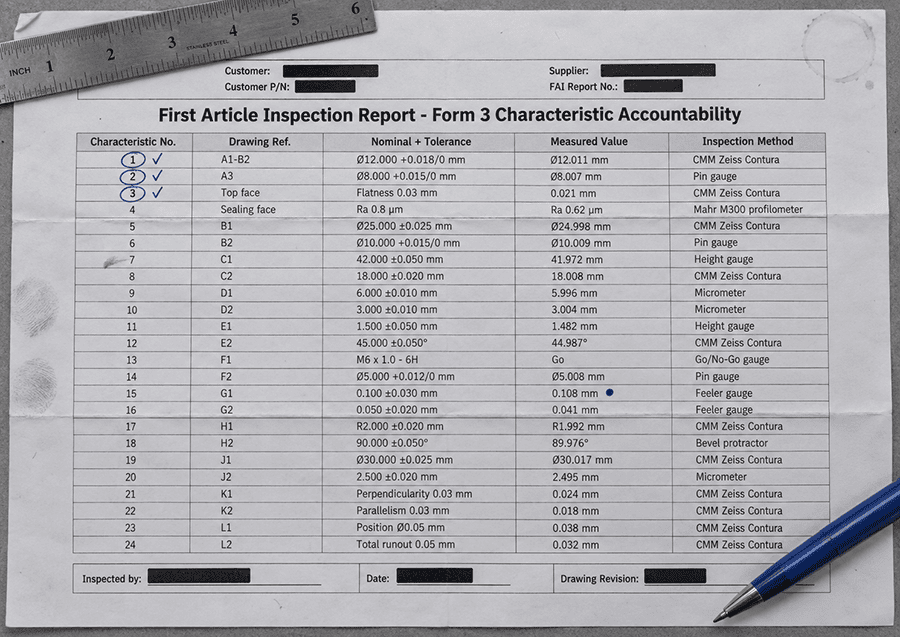 First Article Inspection report from an ISO 9001 certified machine shop showing ballooned dimensions, measured values, inspection methods, and Ra callouts for a CNC-machined aluminum valve block
