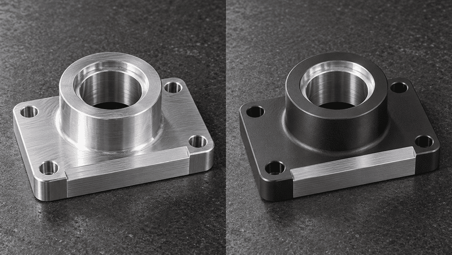 Side-by-side comparison of a machined aluminum flange before and after black anodizing, with selected bore and edge surfaces left bare.
