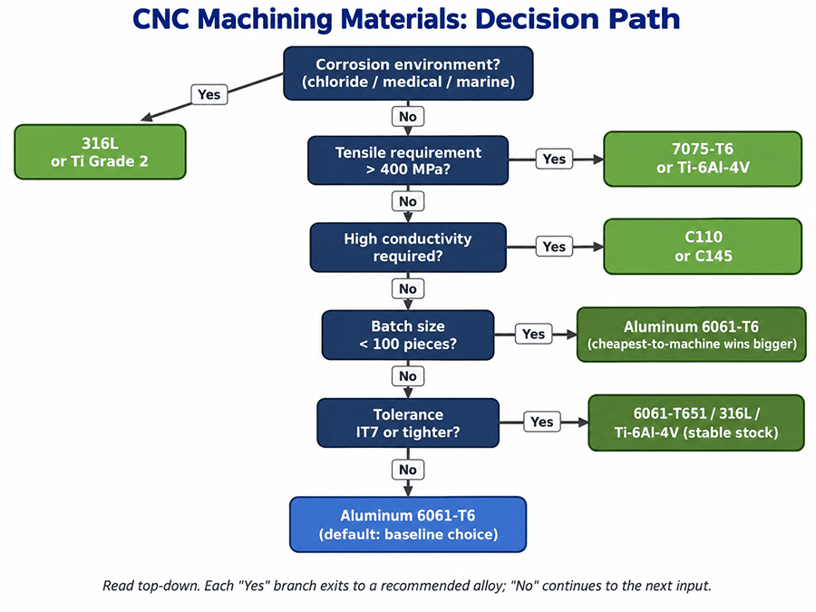 Material selection decision path from corrosion environment, strength requirement, and batch size to recommended CNC alloy across aluminum 6061-T6, stainless 316L, brass C36000, copper C110, and titanium Ti-6Al-4V